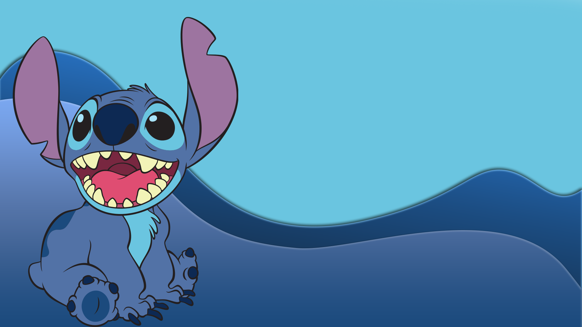 HD desktop wallpaper featuring Stitch from Lilo & Stitch, with a big smile against a blue background.