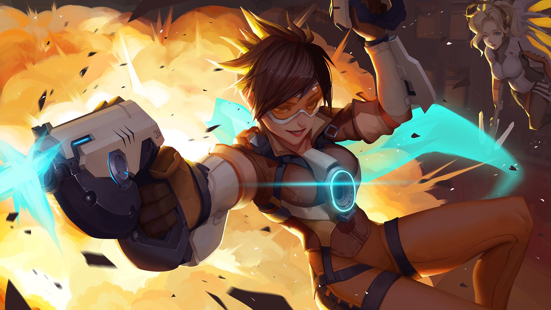 HD desktop wallpaper featuring Tracer and Mercy from the video game Overwatch, with Tracer in an action pose against a dynamic, fiery background.