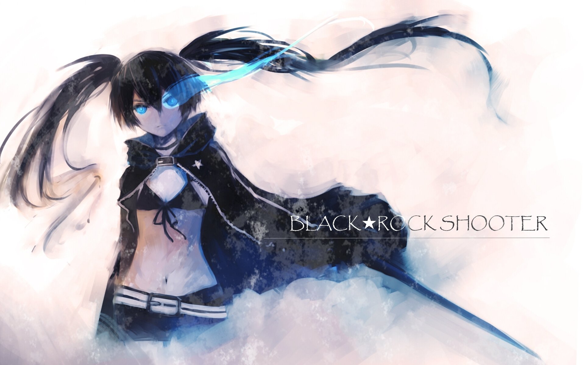 HD anime desktop wallpaper featuring Black Rock Shooter with flowing hair, glowing blue eye, and dark outfit against a smoky, ethereal background.