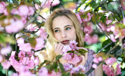 bokeh blossom spring pink flower green eyes lipstick face blonde woman model HD Desktop Wallpaper | Background Image