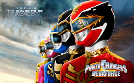 HD wallpaper featuring Power Rangers Megaforce with the slogan Chosen to save our world against a dramatic sky background.