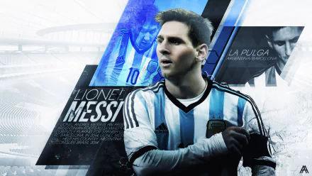 HD wallpaper featuring Lionel Messi in an Argentina kit with dynamic graphics and text overlays.