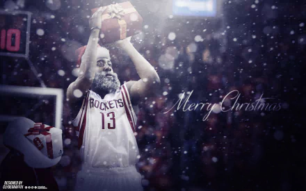 HD wallpaper of a basketball player in a Houston Rockets jersey holding a gift, with Merry Christmas text and a festive, snowy background.