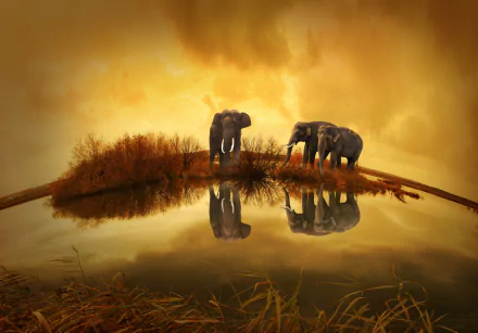 Fisheye view of African bush elephants at sunset in Thailand, reflected in calm water, captured in HD for a striking desktop wallpaper background.