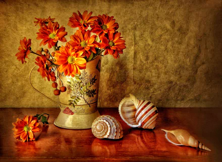A vibrant still life featuring orange flowers in a decorative vase, complemented by seashells, set against a warm background, creating a charming and inviting atmosphere.