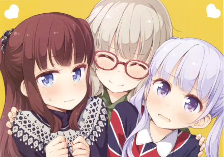 HD desktop wallpaper featuring Aoba Suzukaze, Hifumi Takimoto, and Shizuku Hazuki from the anime New Game! against a yellow background.