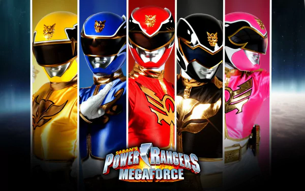 HD wallpaper featuring Power Rangers Megaforce characters in vibrant colors aligned side by side for a desktop background.
