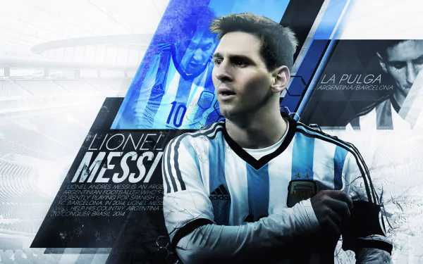 HD wallpaper featuring Lionel Messi in an Argentina kit with dynamic graphics and text overlays.