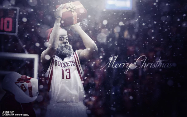 HD wallpaper of a basketball player in a Houston Rockets jersey holding a gift, with Merry Christmas text and a festive, snowy background.
