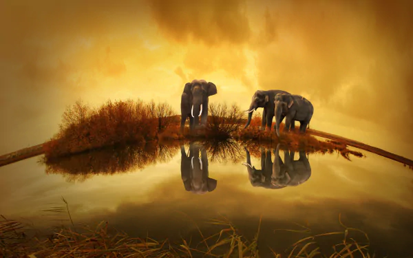 Fisheye view of African bush elephants at sunset in Thailand, reflected in calm water, captured in HD for a striking desktop wallpaper background.