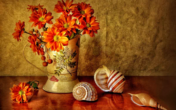 A vibrant still life featuring orange flowers in a decorative vase, complemented by seashells, set against a warm background, creating a charming and inviting atmosphere.