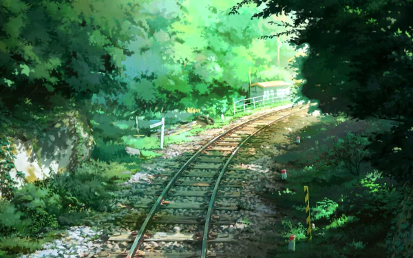 HD PC desktop wallpaper/background: anime scene from Children Who Chase Lost Voices — railroad tracks curving through a sunlit, lush green forest path.