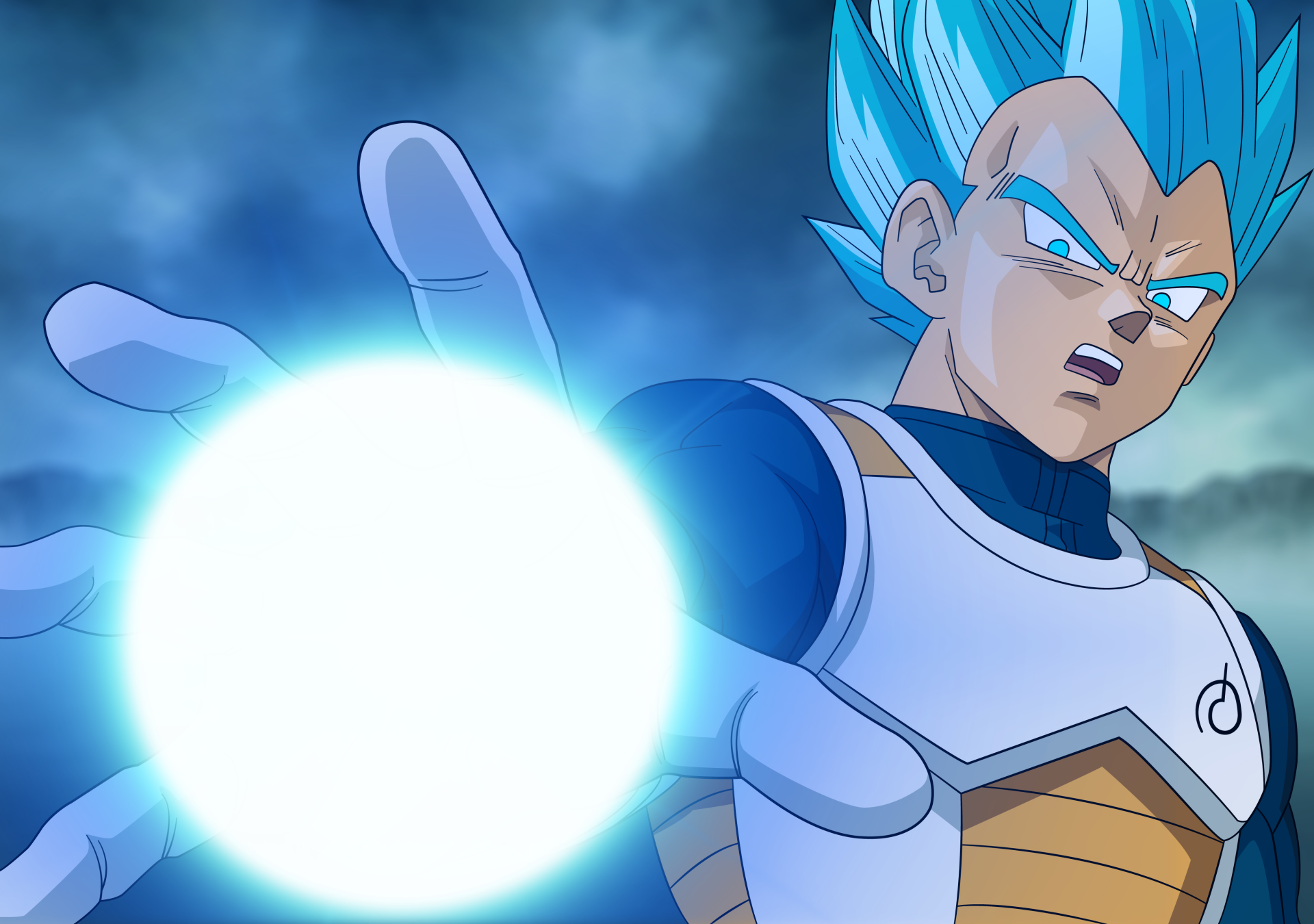 HD wallpaper of an intense scene from Dragon Ball Super, featuring a character with blue hair and a powerful glow emanating from their hand against a stormy background.
