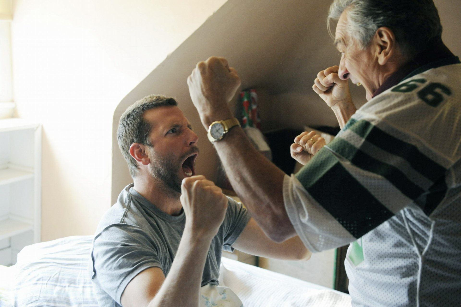 HD PC desktop wallpaper: two men playfully sparring on a bed in a sunlit room — a cinematic scene inspired by the movie Silver Linings Playbook.