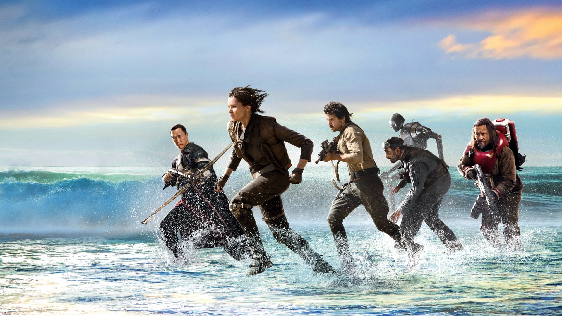 4K Ultra HD wallpaper featuring Jiang Wen, Riz Ahmed, Diego Luna, Felicity Jones, Donnie Yen, and Rogue One: A Star Wars Story characters running through water.