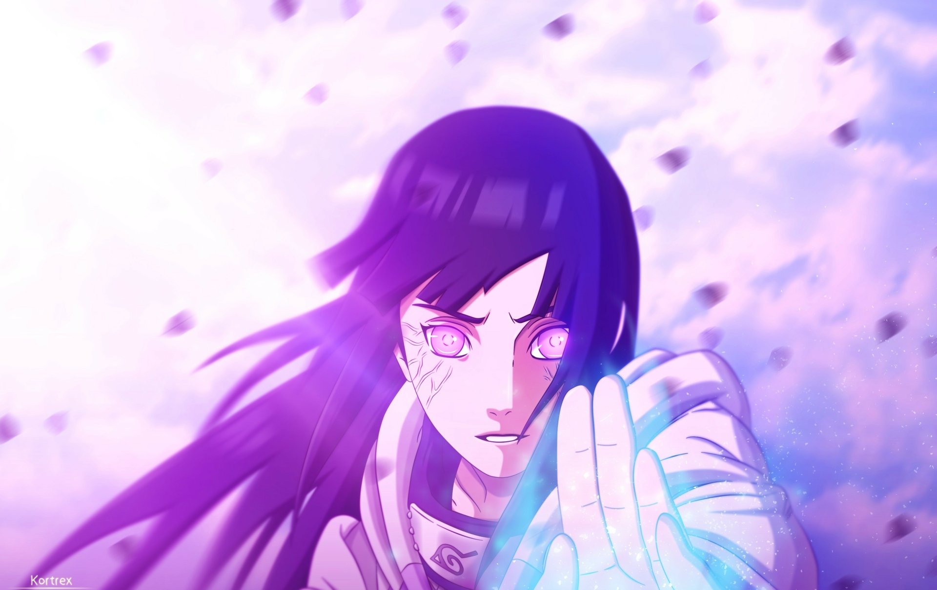 HD desktop wallpaper of Hinata Hyuga from Naruto, featuring her in an action pose with her Byakugan activated, set against a dynamic sky background.