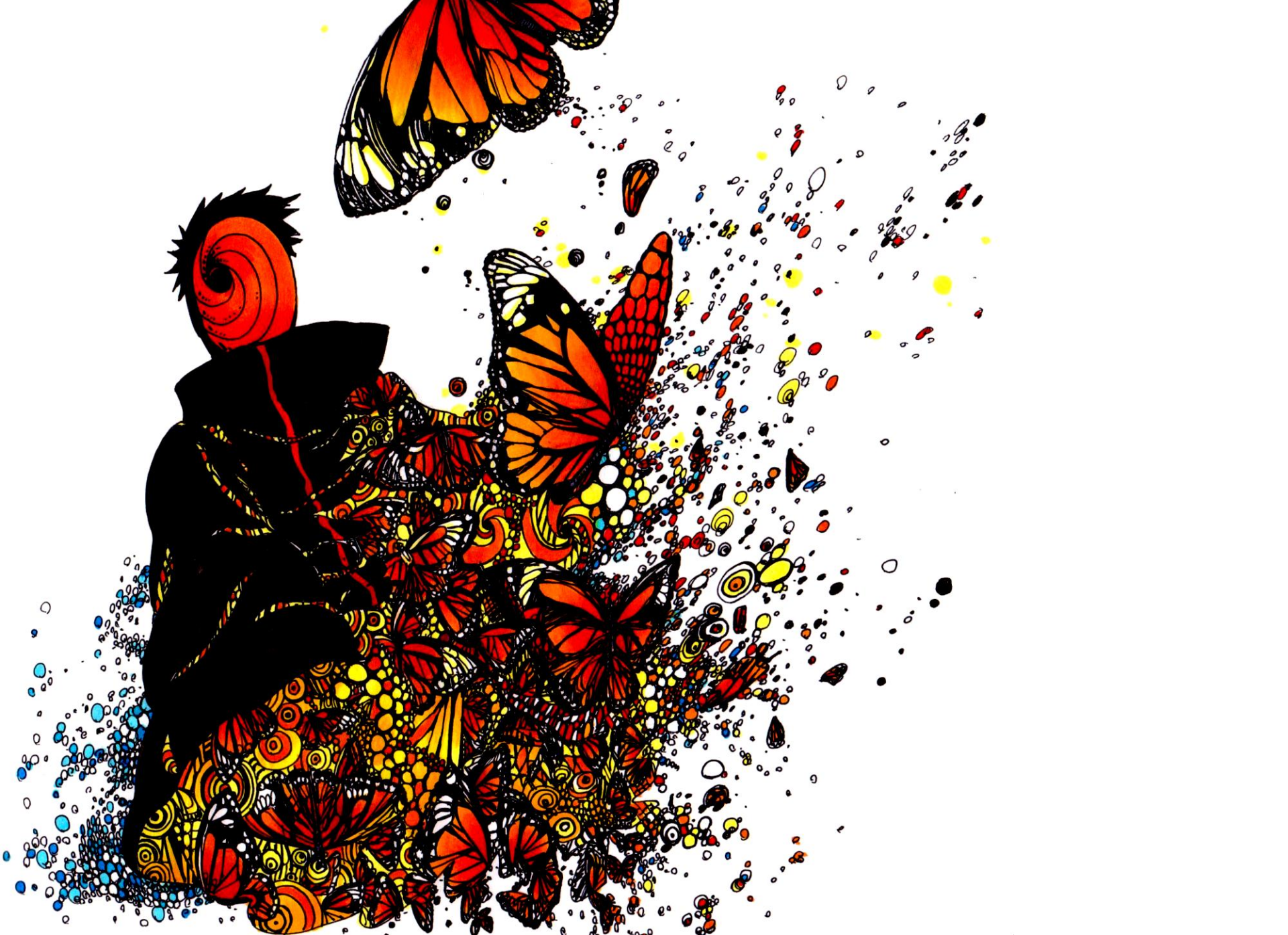HD desktop wallpaper of Obito Uchiha from the anime Naruto, featuring a vibrant display of colorful butterflies against a white background.