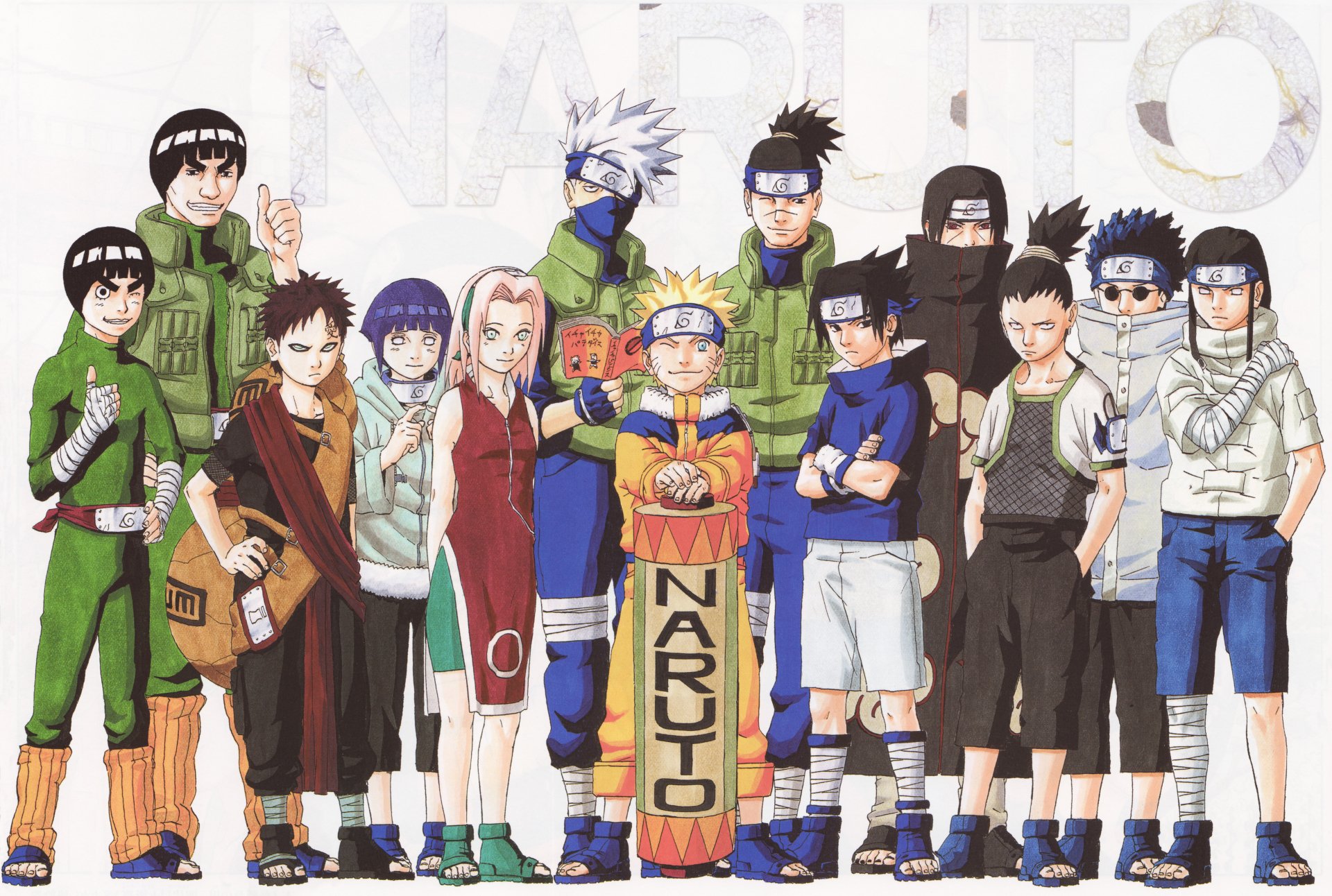 HD desktop wallpaper featuring characters from Naruto, including Iruka Umino, Shikamaru Nara, Neji Hyūga, Itachi Uchiha, Sasuke Uchiha, Naruto Uzumaki, Kakashi Hatake, Sakura Haruno, Hinata Hyuga, Gaara, Rock Lee, and Might Guy.