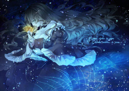 Beatrice (Umineko no Naku Koro ni / Umineko: When They Cry) anime HD PC wallpaper — floating in a blue starfield, clutching a glowing book, flowing hair and frilled dress.