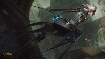 HD desktop wallpaper featuring Camille from the video game League of Legends, showcasing her dynamic and futuristic design against a detailed background.