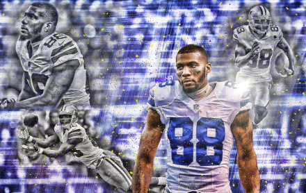 HD wallpaper featuring various action poses of Dez Bryant, number 88, with a vibrant blue and white artistic background.