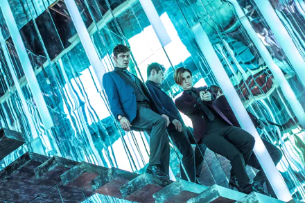 HD desktop wallpaper featuring Santino Di'Antonio and Ruby Rose from the movie John Wick: Chapter 2, set in a futuristic glass and mirror-filled location.