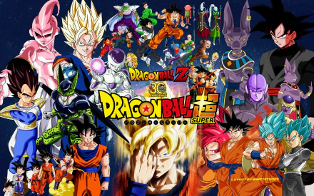 HD desktop wallpaper featuring characters from Dragon Ball Super, showcasing a vibrant collage of heroes and villains from the popular anime series.