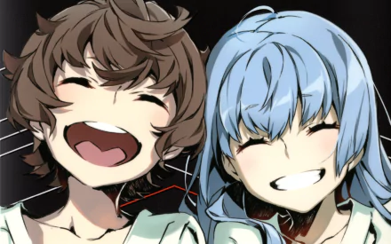 Anime characters from Kiznaiver smiling joyfully, featured in a HD desktop wallpaper and background.