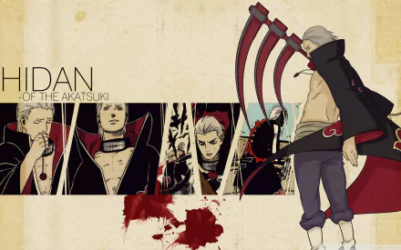 HD desktop wallpaper featuring Hidan from the anime Naruto, showcasing various panels of him in different poses against a grungy background with blood splatters and the Akatsuki logo.