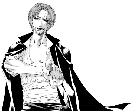 Black-and-white HD desktop wallpaper of Shanks from the anime One Piece, featuring him with his signature confident smile and pointing.