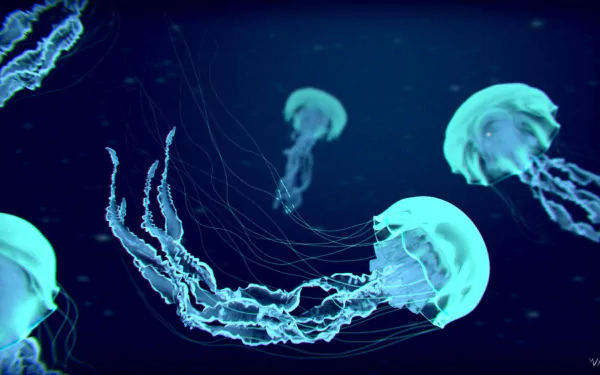 HD desktop wallpaper featuring three glowing jellyfish drifting gracefully in a dark blue underwater environment.