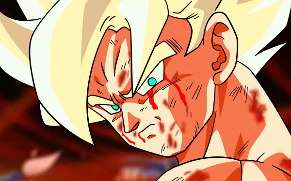 Close-up of a battle-worn Dragon Ball Z character with intense expression, rendered in vibrant 4K Ultra HD quality for PC desktop wallpaper.