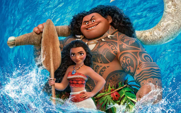 HD desktop wallpaper featuring Moana Waialiki and Maui from the Moana movie. Both characters stand amidst waves, with Moana holding an oar and Maui carrying a large fish hook.
