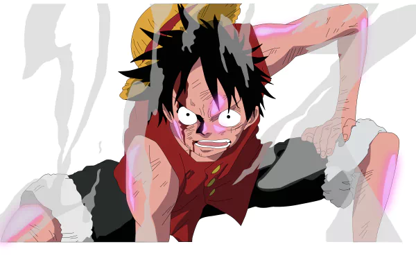 Vibrant 8K Ultra HD anime wallpaper featuring Monkey D. Luffy from One Piece in a dynamic pose with intense expression on a clean white background.