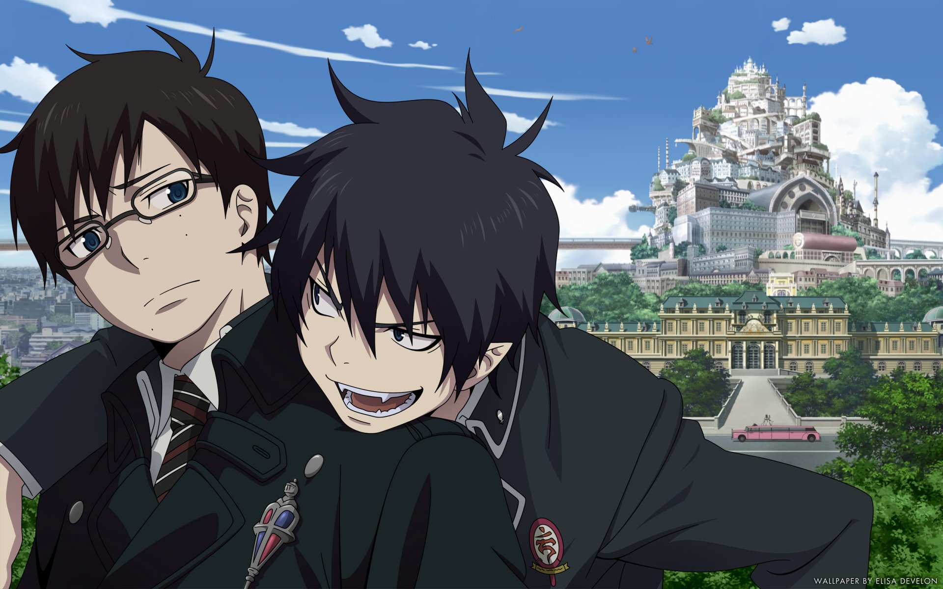HD anime desktop wallpaper featuring Yukio Okumura and Rin Okumura from Blue Exorcist with a detailed castle and blue sky background.