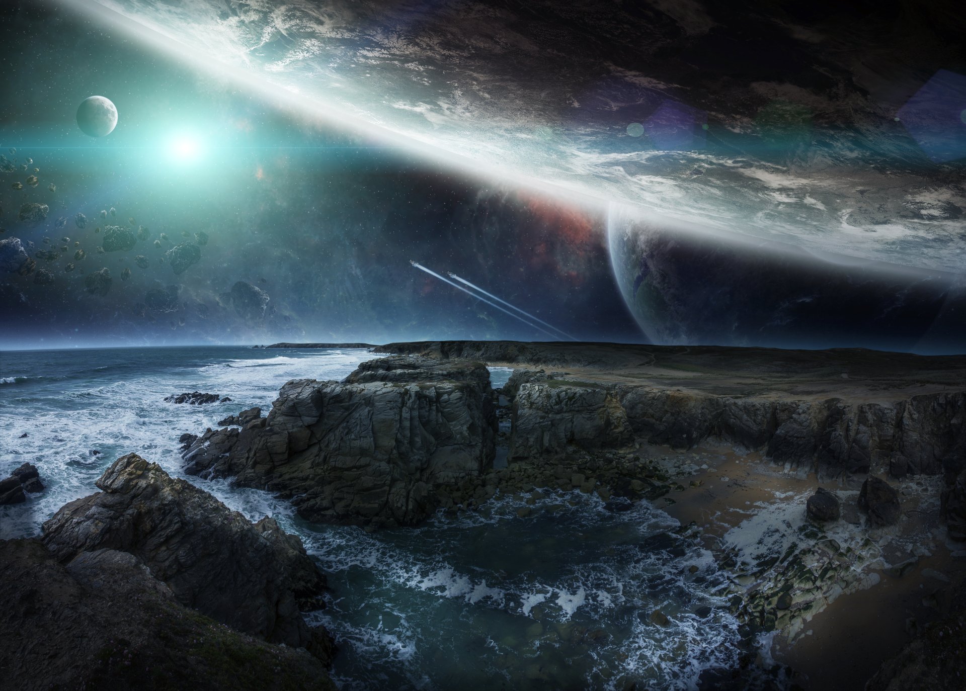 A stunning 4K Ultra HD sci-fi landscape showing a rocky shoreline beneath a massive, curved planet with moons and distant stars in the background, designed for PC desktop.