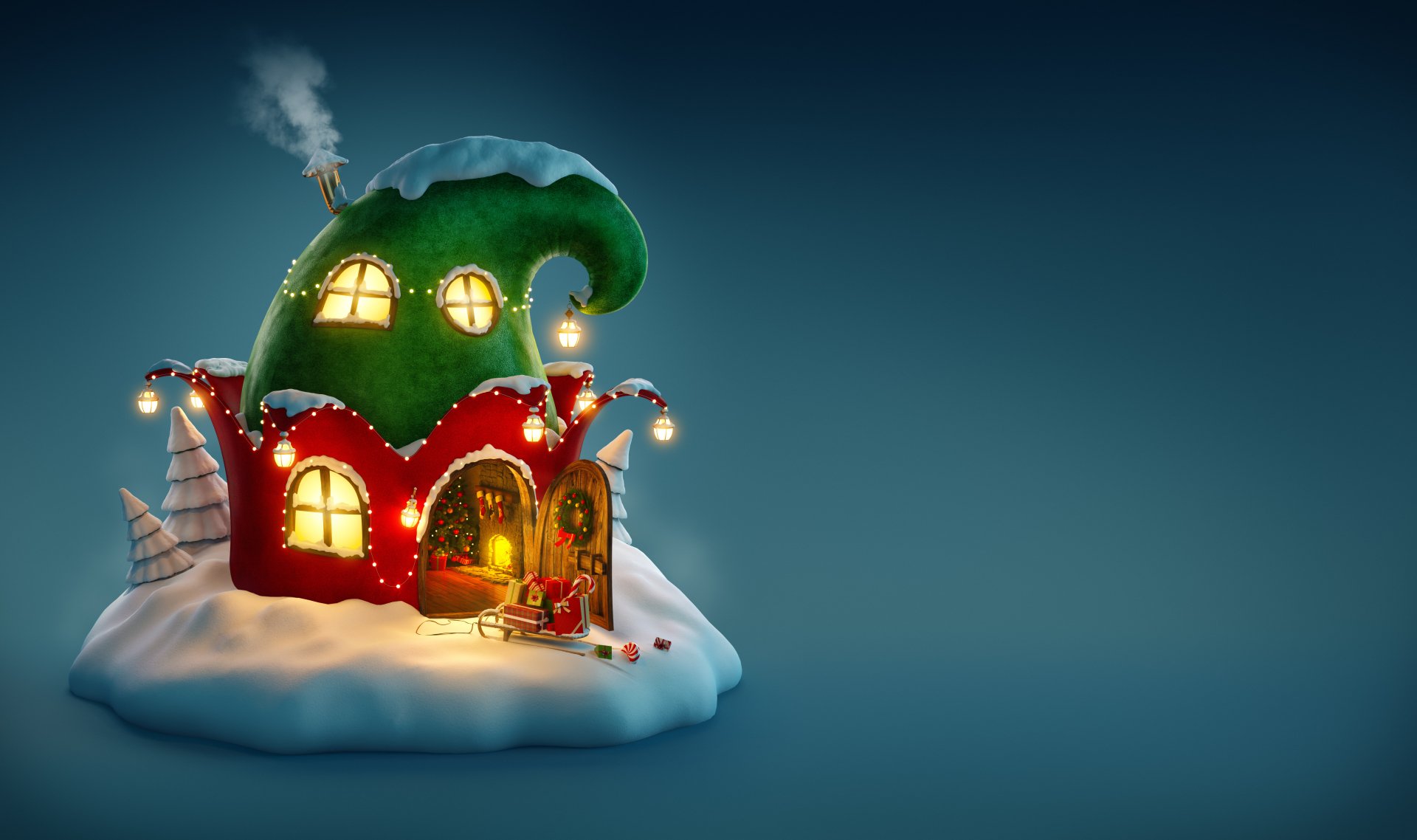 A cozy, whimsical holiday cottage decorated with Christmas lights, nestled in snow, captured in vibrant 4K Ultra HD for PC desktop background.