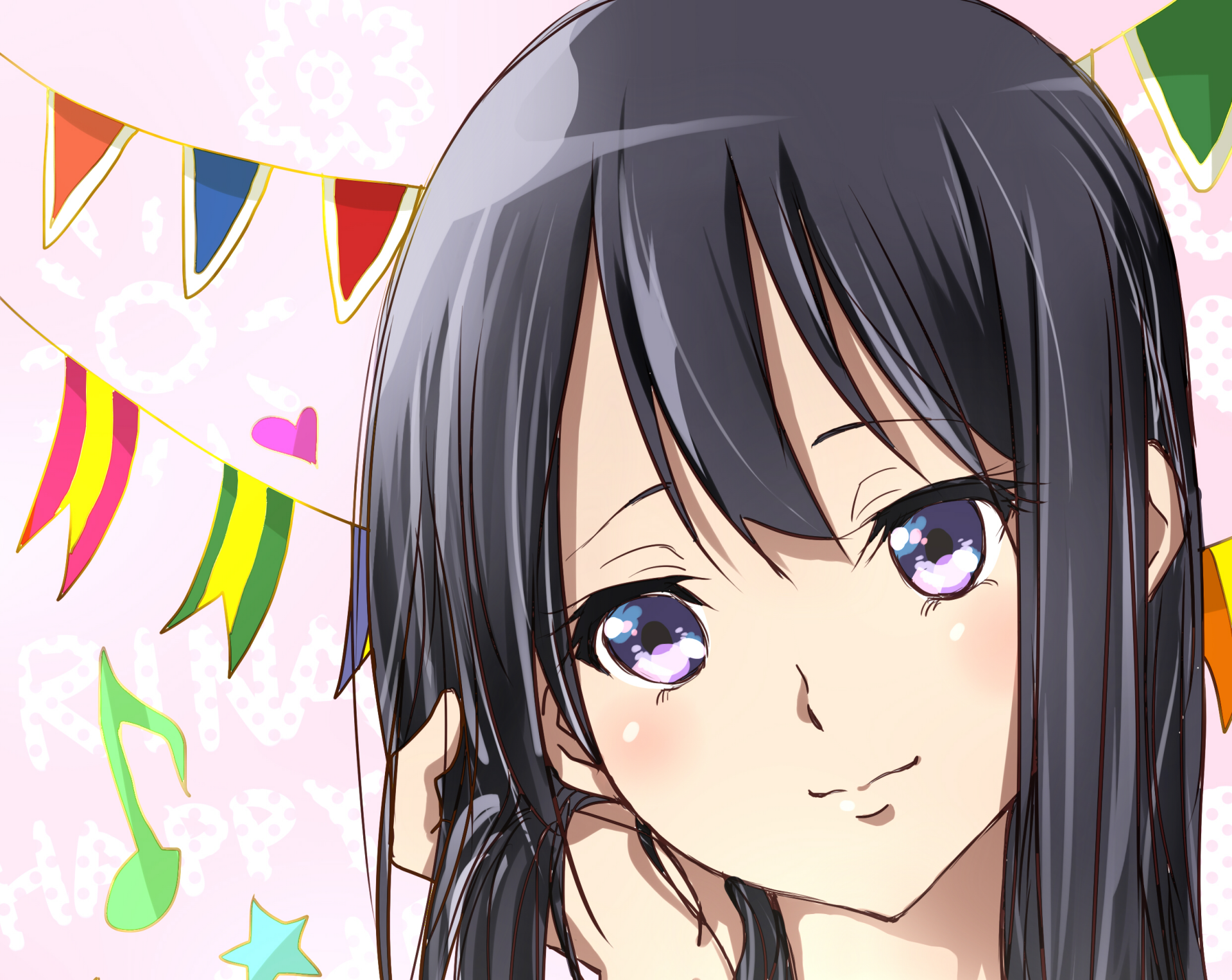 Anime close-up of a Sound! Euphonium character with dark hair and violet eyes, colorful bunting and musical notes on a pink backdrop — HD PC desktop wallpaper/background.