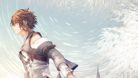 Anime-style HD PC wallpaper featuring a determined red-haired character from Aim the Deepest Part of A Different World Labyrinth against a swirling sky and snowy trees.