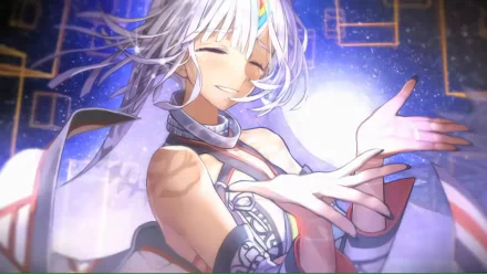 HD desktop wallpaper featuring an anime character from Fate/Grand Order, showcasing a character with white hair and a serene smile, arms gracefully extended against a cosmic, geometric backdrop.