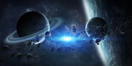 A stunning 4K Ultra HD sci-fi desktop wallpaper featuring a vivid planetary scene with rings, asteroids, and glowing cosmic light in deep space.