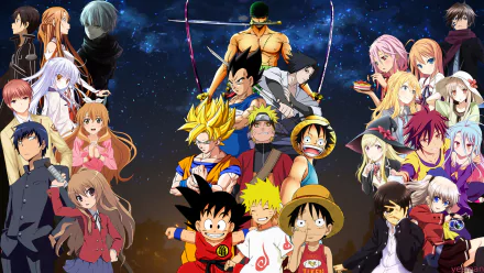 HD desktop wallpaper featuring a vivid crossover of popular anime characters. The background showcases a starry night sky, highlighting the diverse cast in dynamic poses.