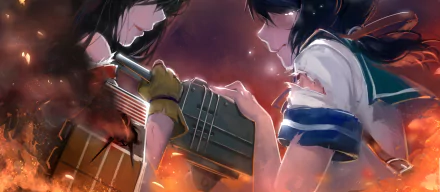 HD anime desktop wallpaper featuring crying Akagi and Fubuki from Kantai Collection amid fire and intense emotion.