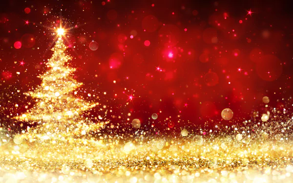 HD desktop wallpaper featuring a glowing golden Christmas tree set against a festive red background with sparkling lights, capturing the holiday spirit.