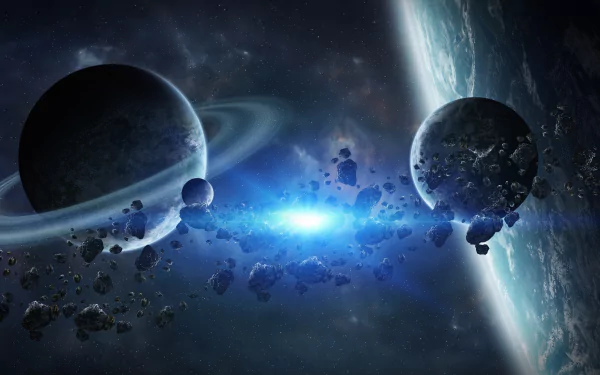 A stunning 4K Ultra HD sci-fi desktop wallpaper featuring a vivid planetary scene with rings, asteroids, and glowing cosmic light in deep space.