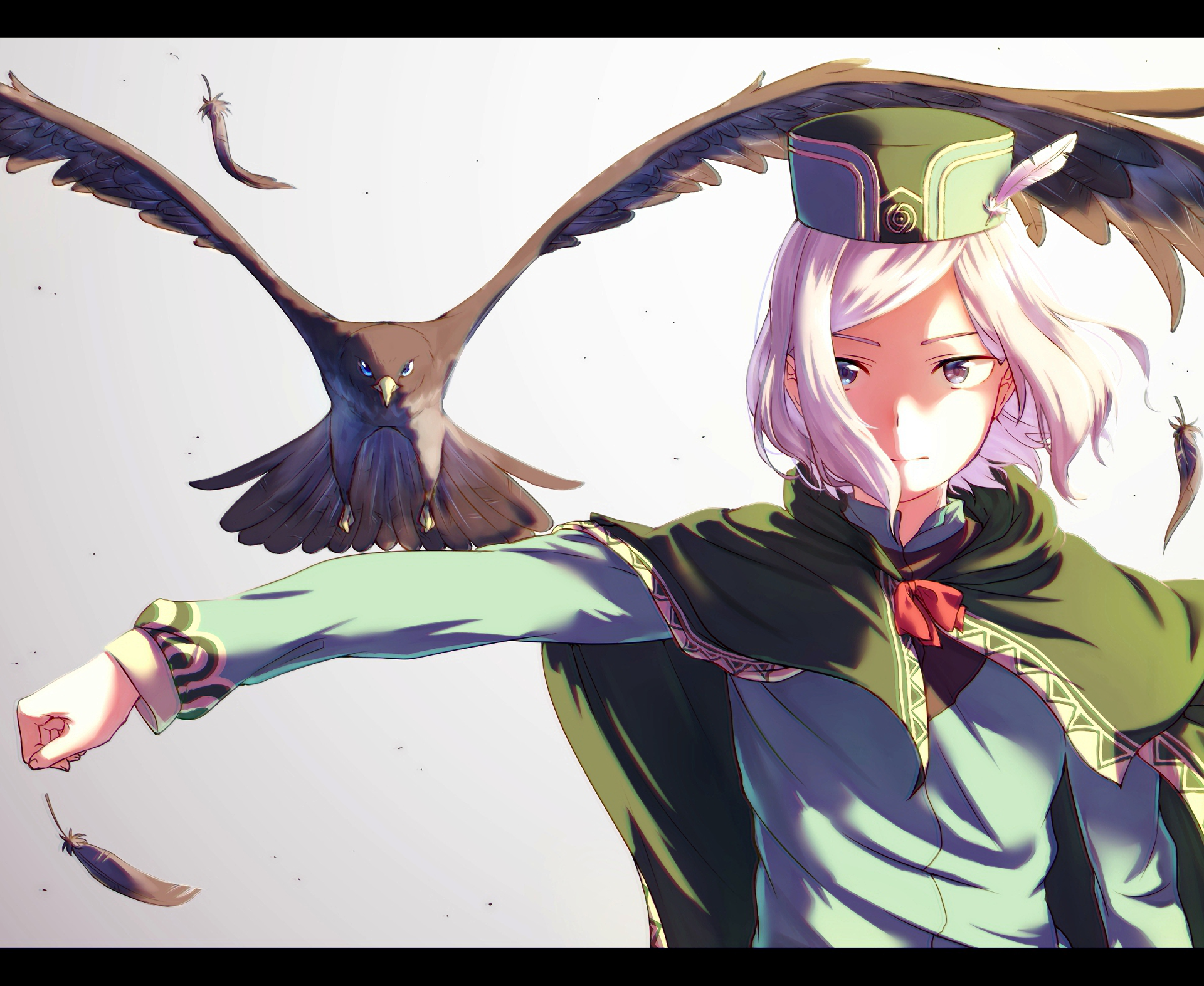 HD anime wallpaper featuring a character from Re:Zero - Starting Life in Another World with white hair and a green cloak, accompanied by dark flying birds.