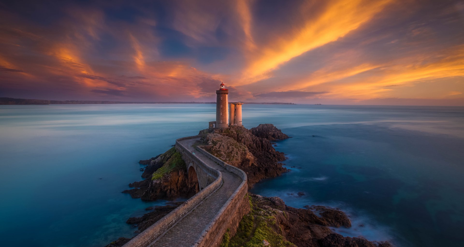 Download Bridge Building Sunset Sea Ocean Man Made Lighthouse  HD Wallpaper by Dennis Liang