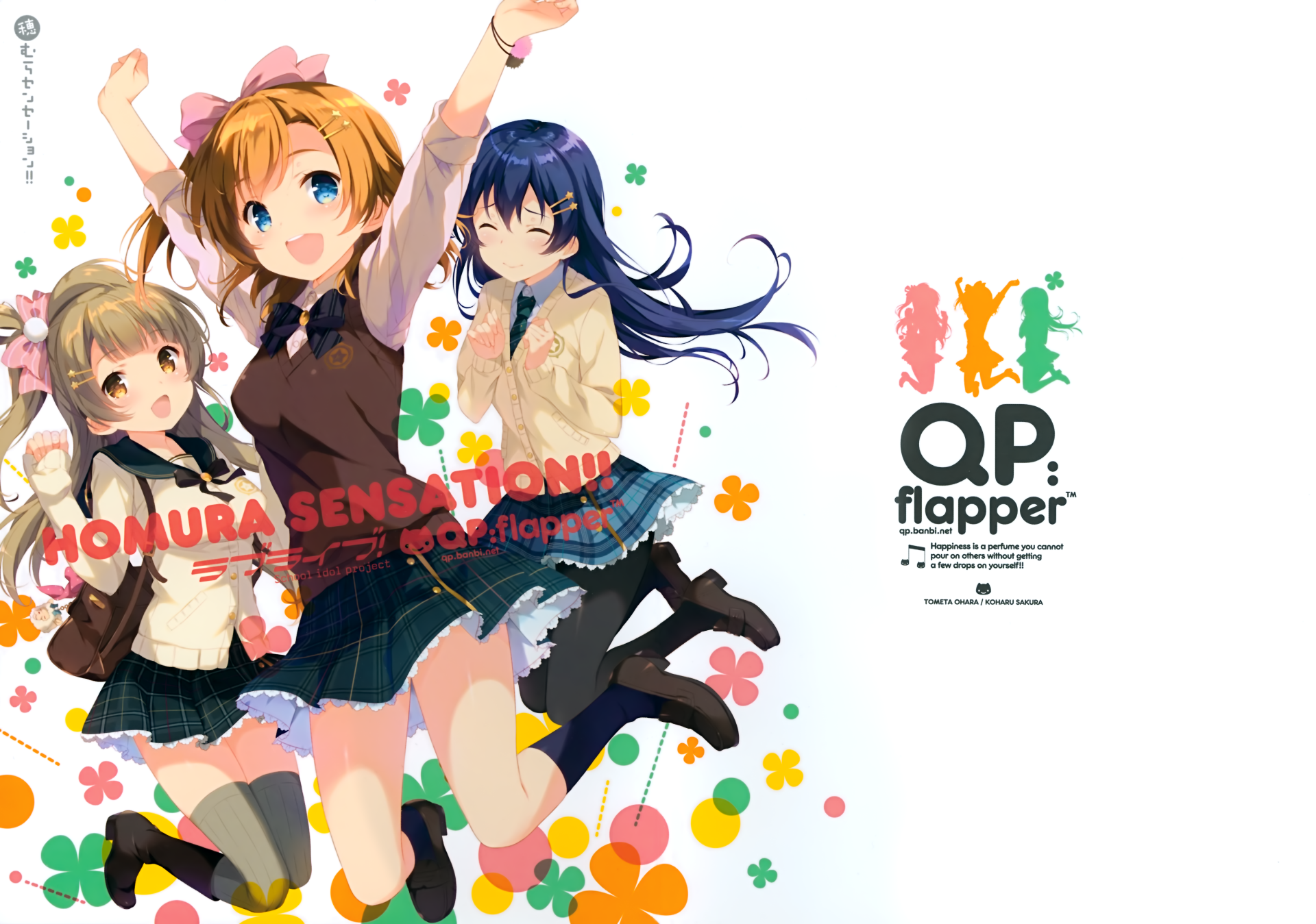 4K Ultra HD desktop wallpaper featuring anime characters Kotori Minami, Umi Sonoda, and Honoka Kousaka from Love Live! with vibrant colors and playful poses.
