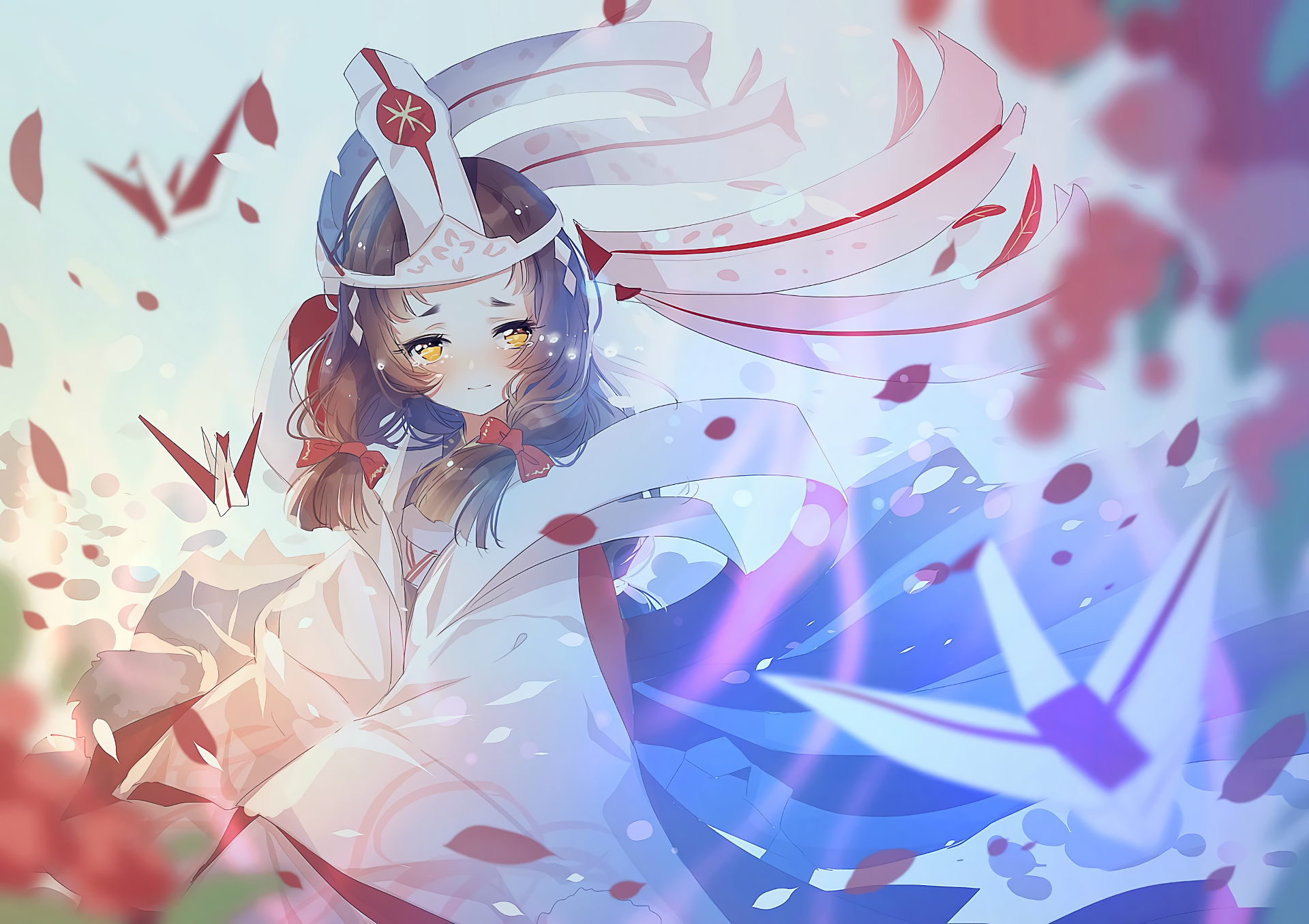 Anime-style original HD desktop wallpaper featuring a character in elaborate white attire with dynamic flowing ribbons and petals against a soft, colorful background.