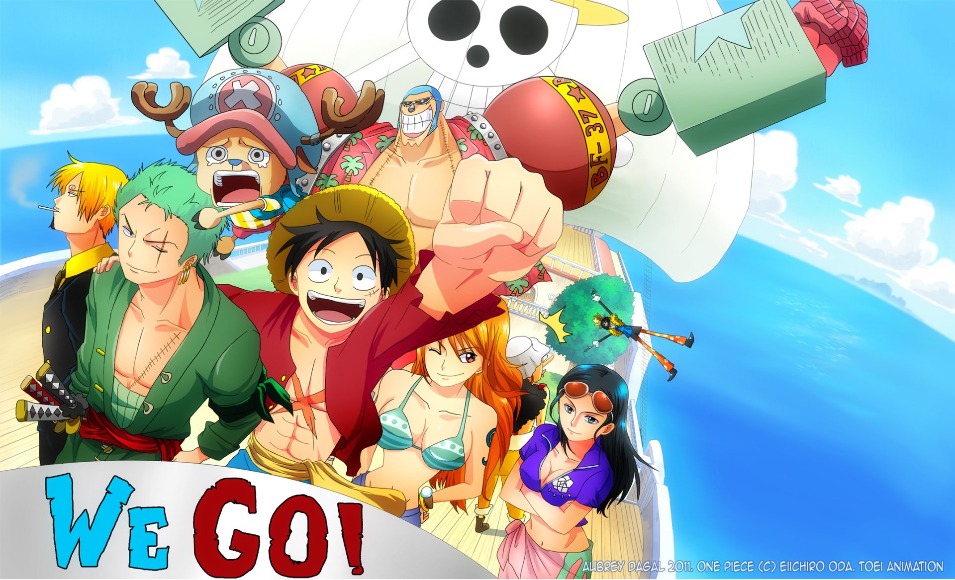 HD desktop wallpaper featuring Usopp, Franky, Brook, Tony Tony Chopper, Nico Robin, Roronoa Zoro, Sanji, Monkey D. Luffy, and Nami from One Piece on a ship with the text WE GO! displayed prominently.